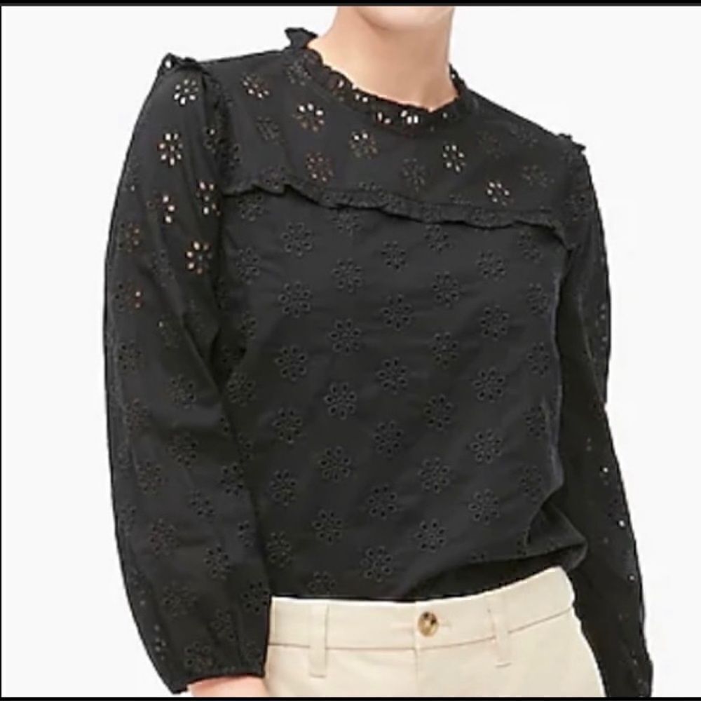 J Crew Lace High Neck Black Blouse Lined Ruffled Neckline Elastic Sleeves XXS